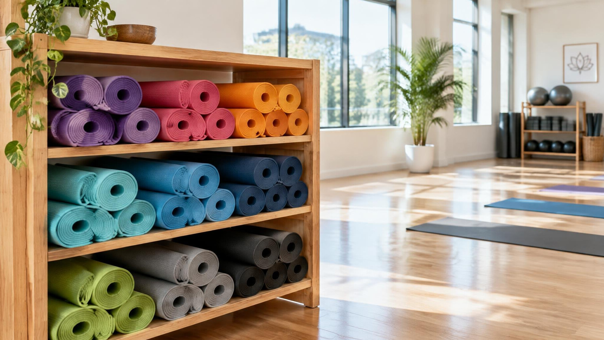 Rolled yoga mats stacked in a bright studio