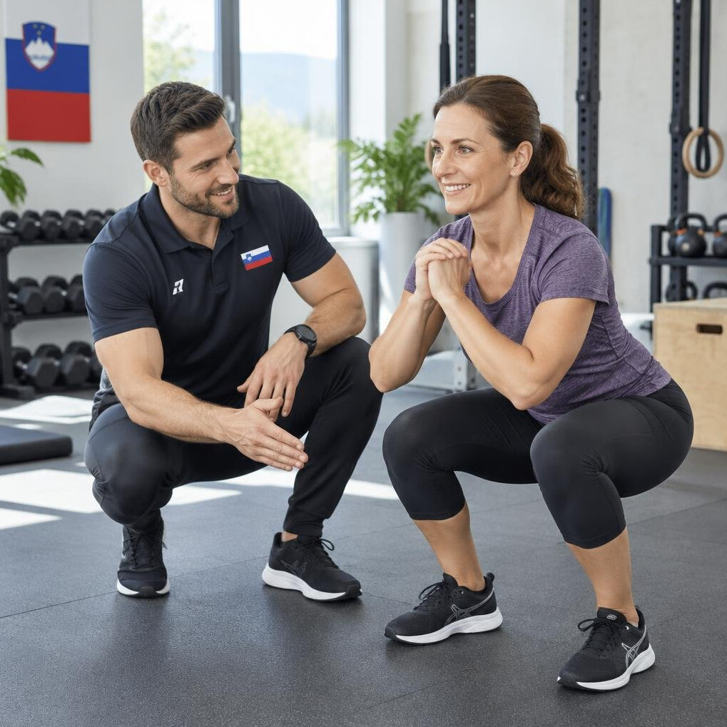 Personal trainer guiding a woman through a squat exercise in a gym