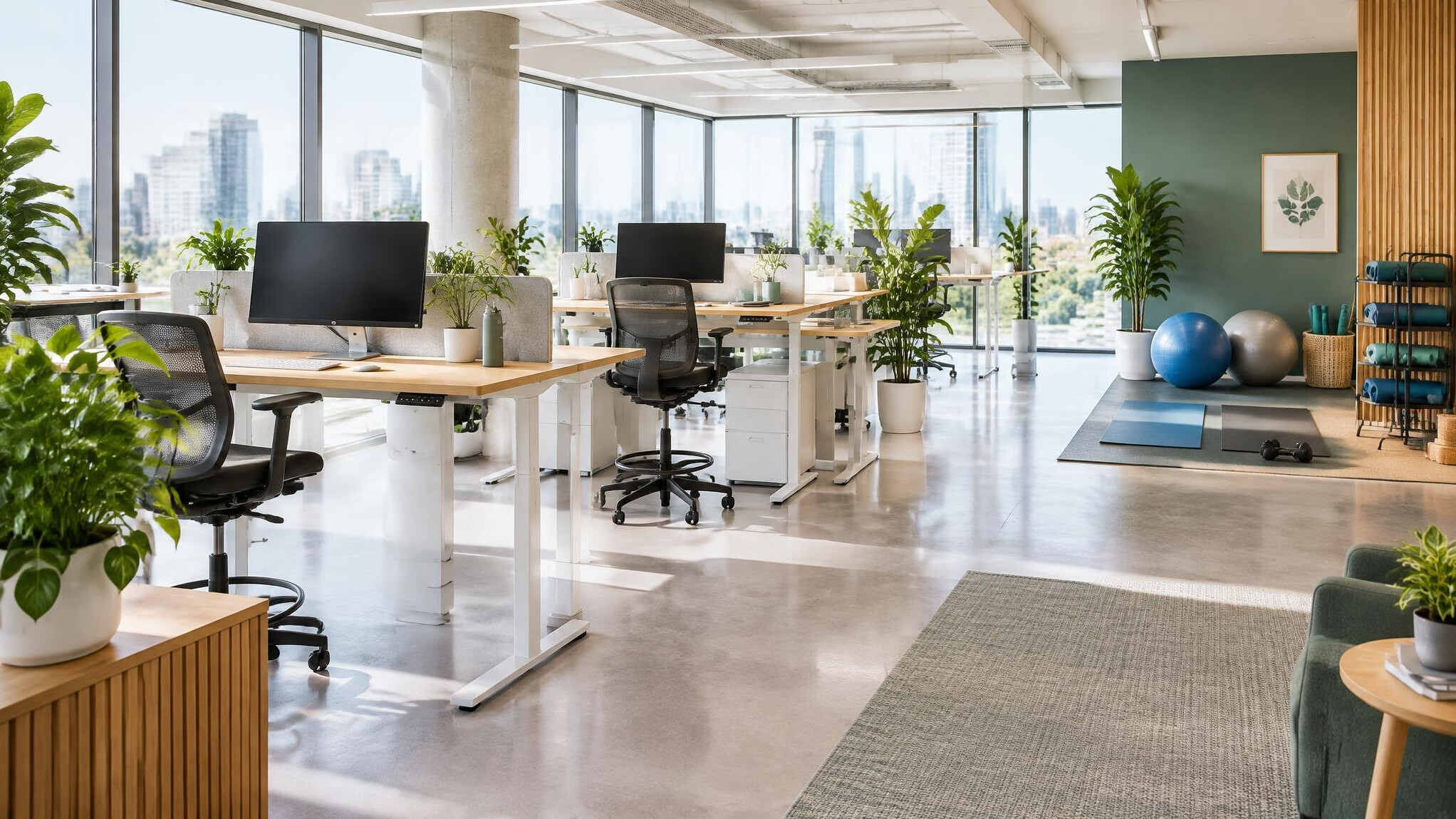 Bright modern office with standing desks and a wellness corner with mats