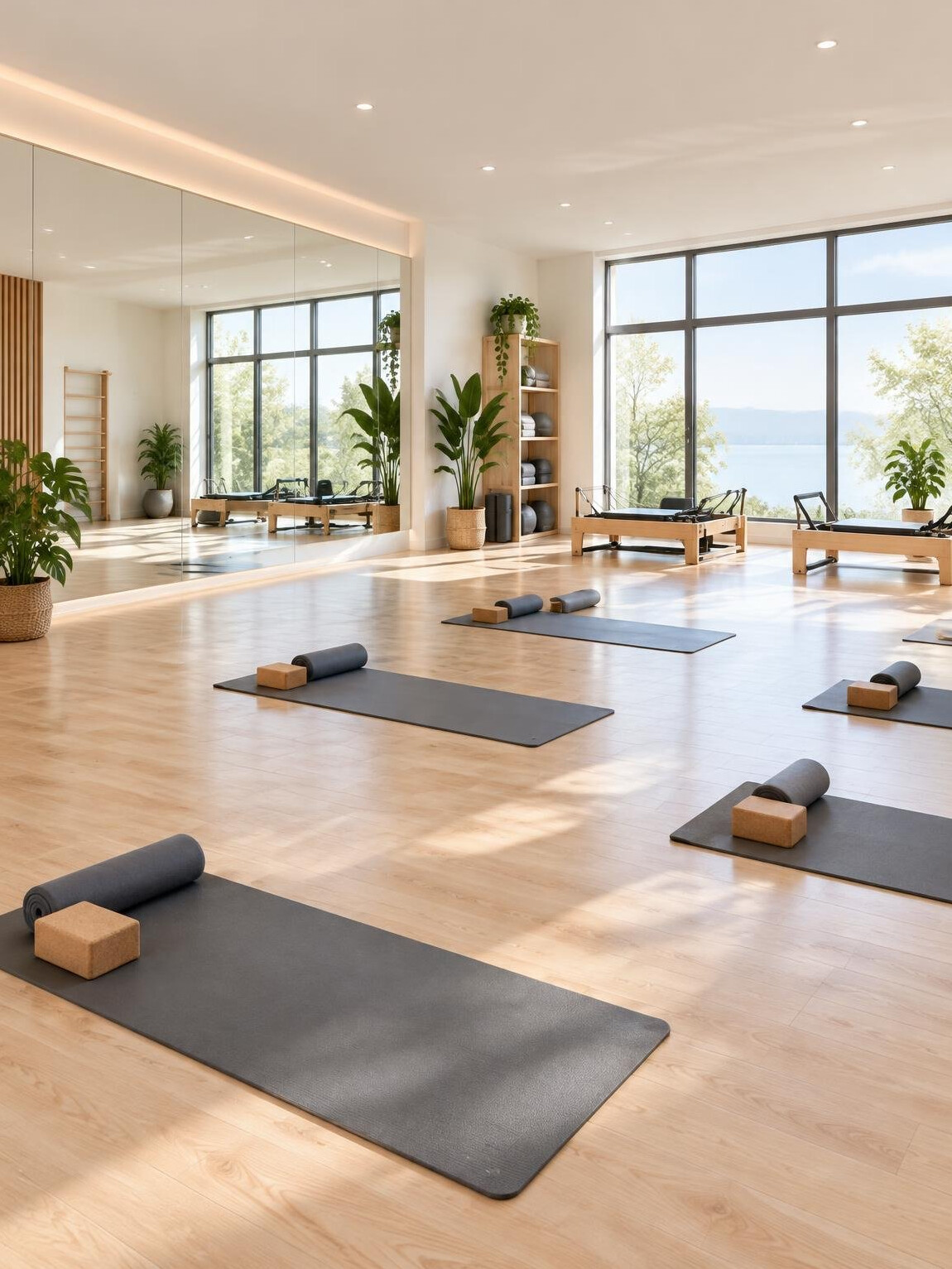 Empty yoga studio with wooden floor and large windows