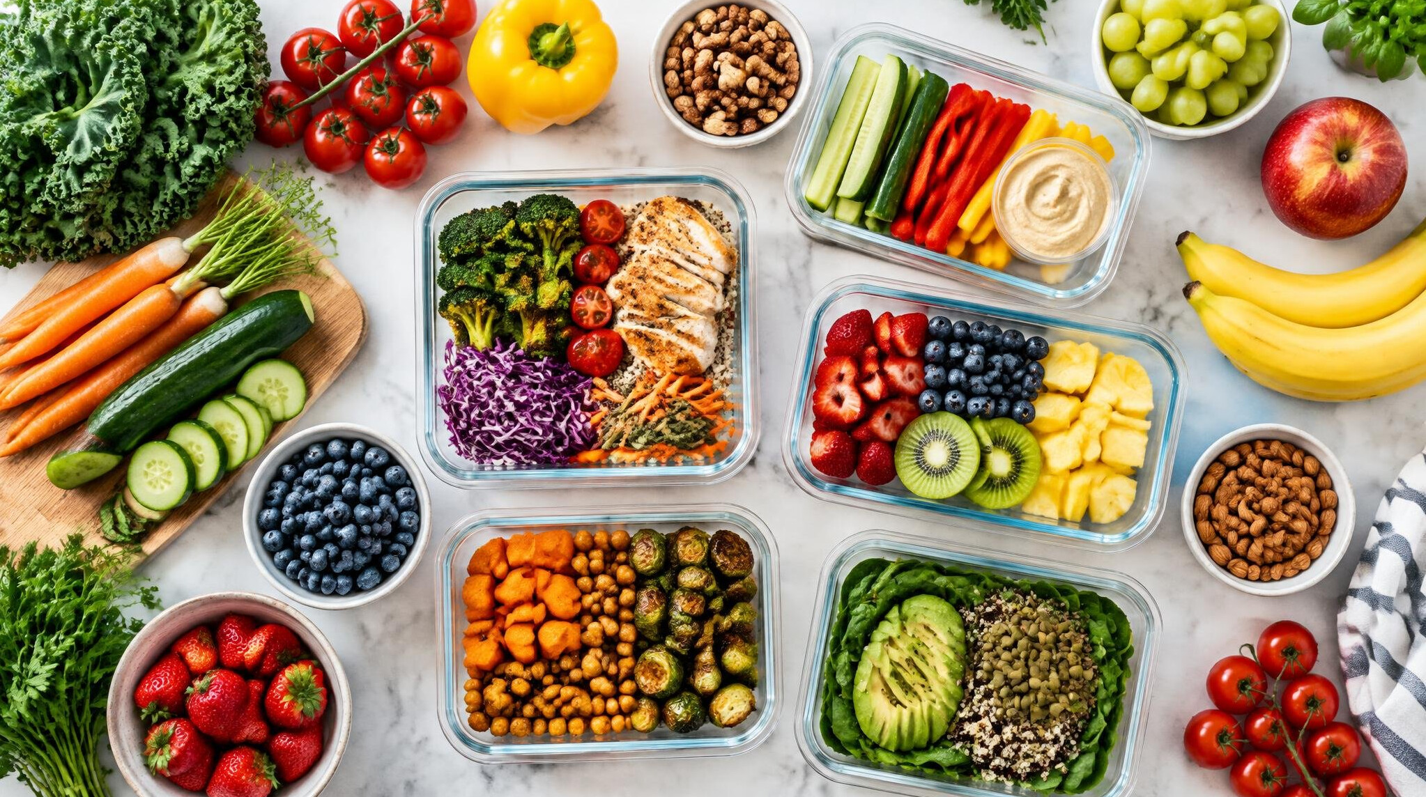 Fresh vegetables, fruit and meal prep containers on a kitchen counter