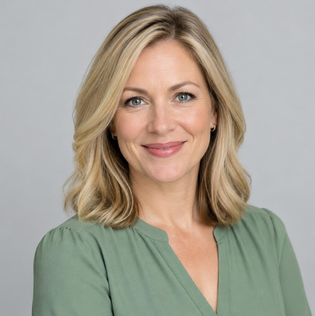 Studio portrait of a blonde woman in a green top smiling