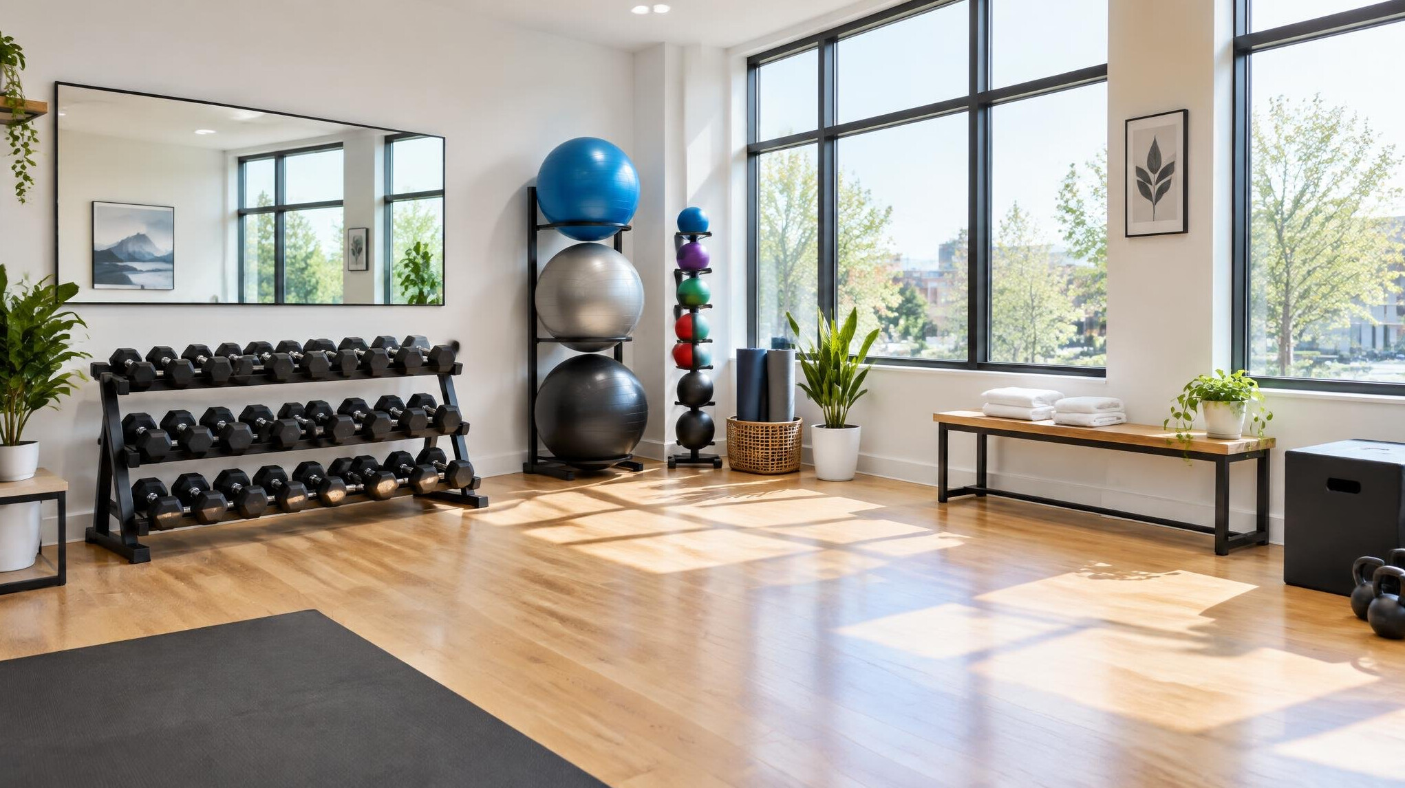 Bright training studio interior with equipment and wooden floor