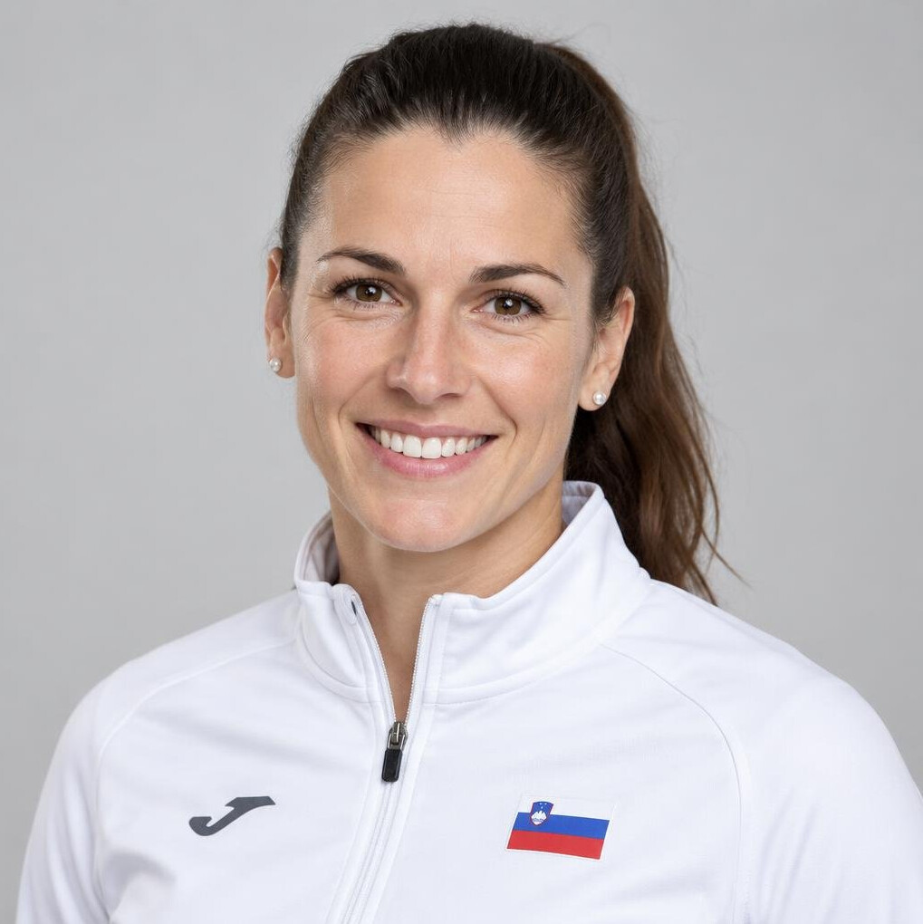 Studio portrait of a smiling woman with ponytail in a white sports jacket