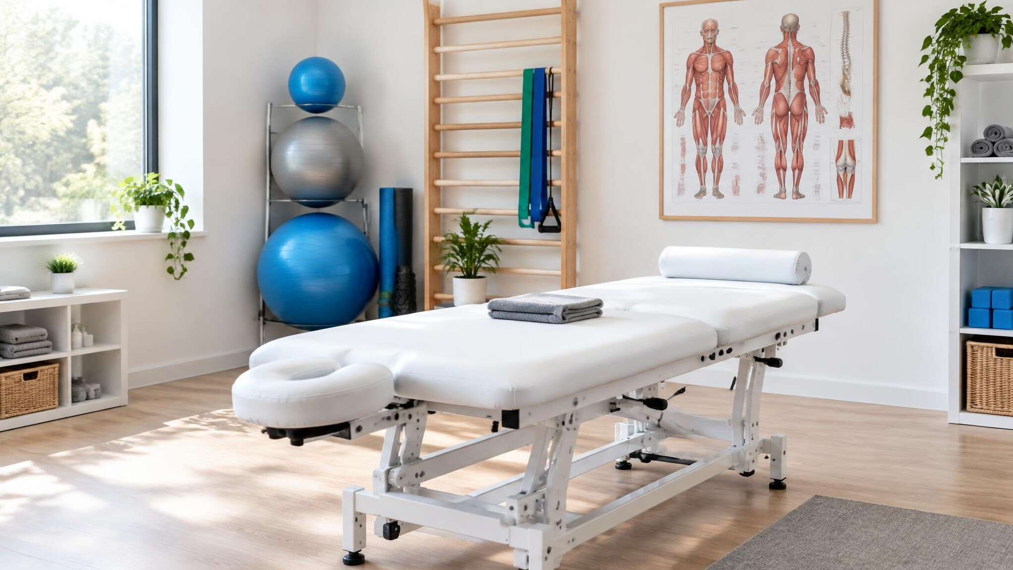 Physiotherapy treatment room with massage table and exercise equipment